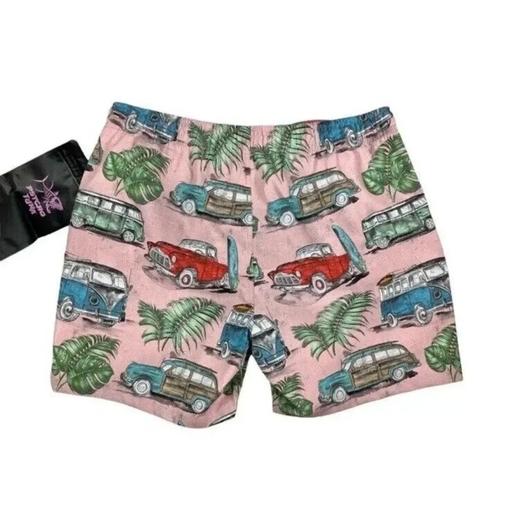 Psycho‎ Tuna Pink Surf Life Vintage Cars Swim Trunks Board Shorts Size XL NWT